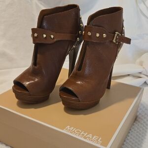 Michael Kors Brown Studded Peep-Toe Platform Ankle Booties